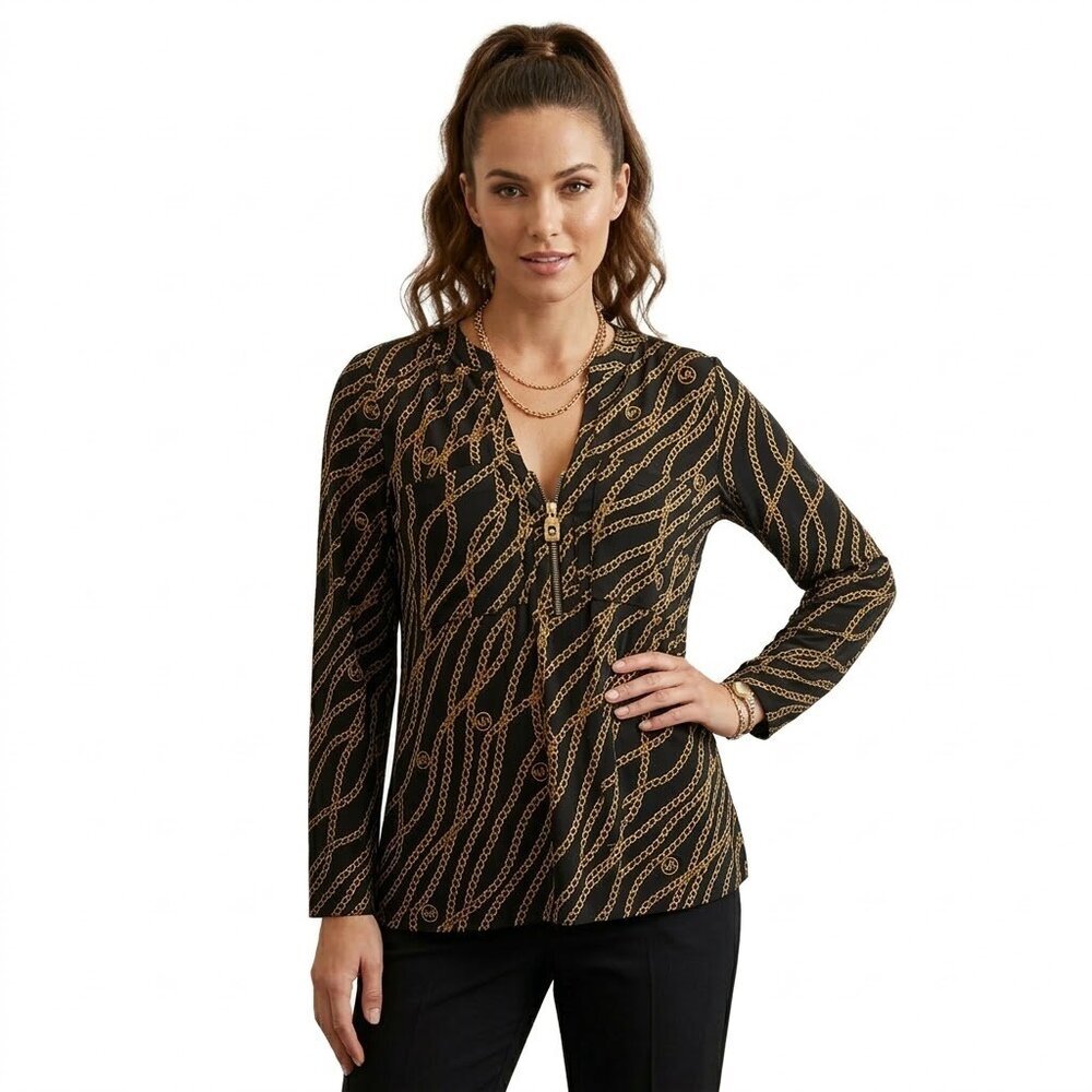 Michael Kors Black Top with Gold Chain Print and Logo Zip